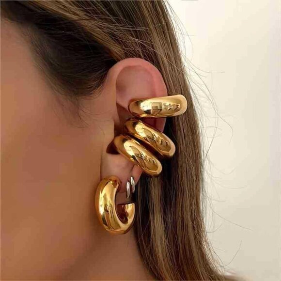 Chunky 14K Gold Plated Stainless Steel Hoop Ear Cuffs for Women Non Piercing - Picture 5 of 9